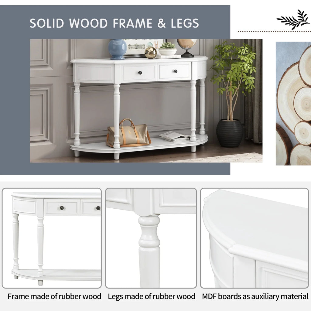 TREXM Retro Circular Curved Design Console Table with Open Style Shelf Solid Wooden Frame and Legs Two Top Drawers (White OLD SKU WF298768AAK)
