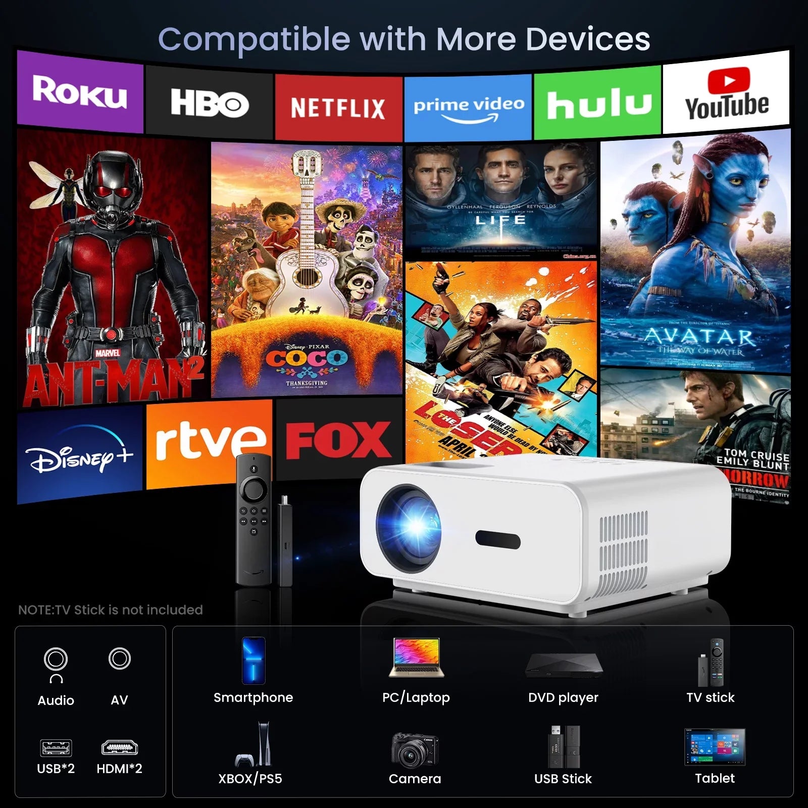 AUOSHI Projector with Wifi and Bluetooth, 4K Support 1080P Mini Projector , Video Projector For Home Theater , 12000LM Portable Outdoor Movie Projector 5G/2.4G