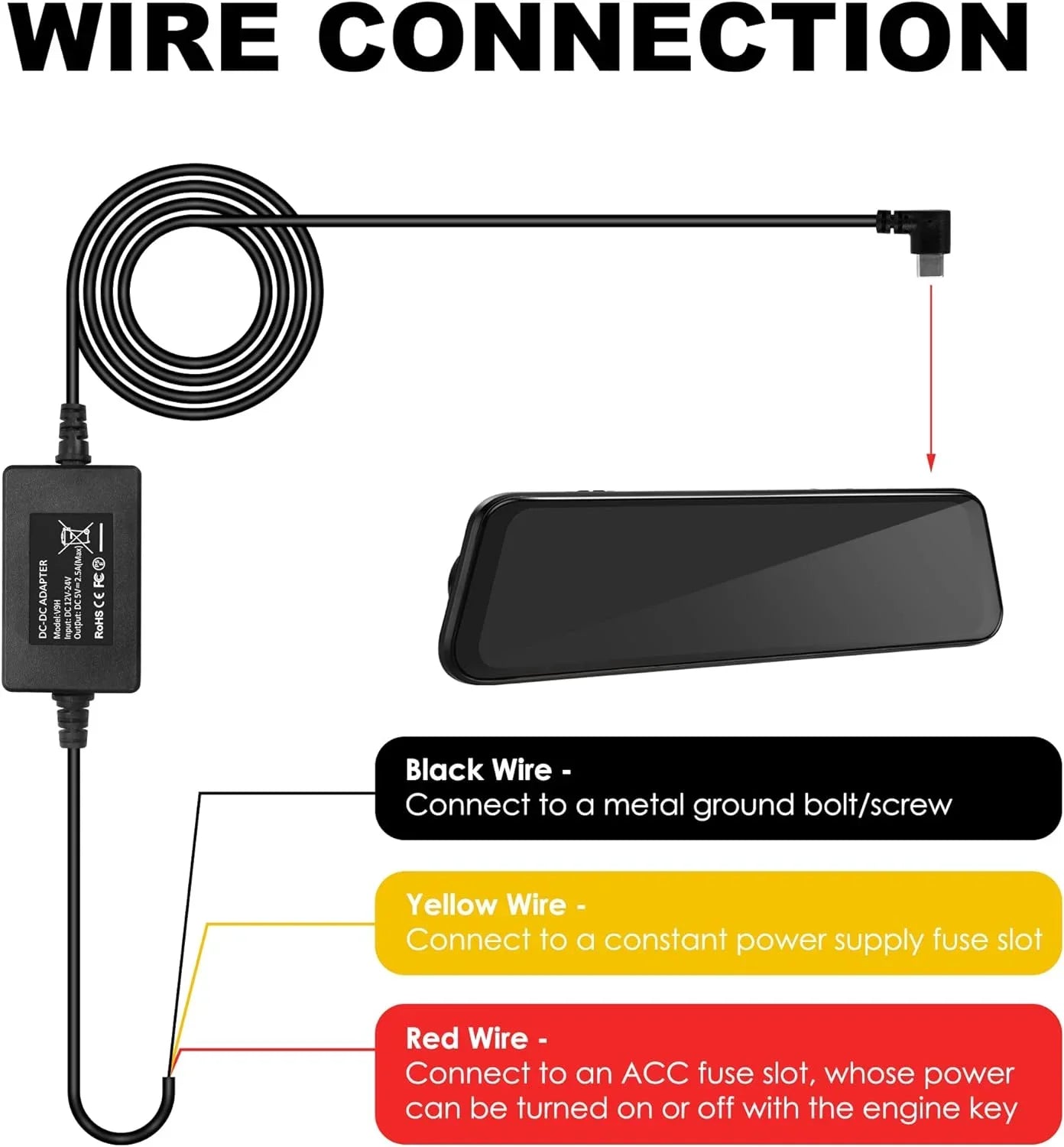 Dash Cam Hardwire Kit, Type-C Full Set Hard Wire Kit Fuse for P12/P12 Pro/P10 Pro Mirror Dash Cam, 12V-24V to 5V