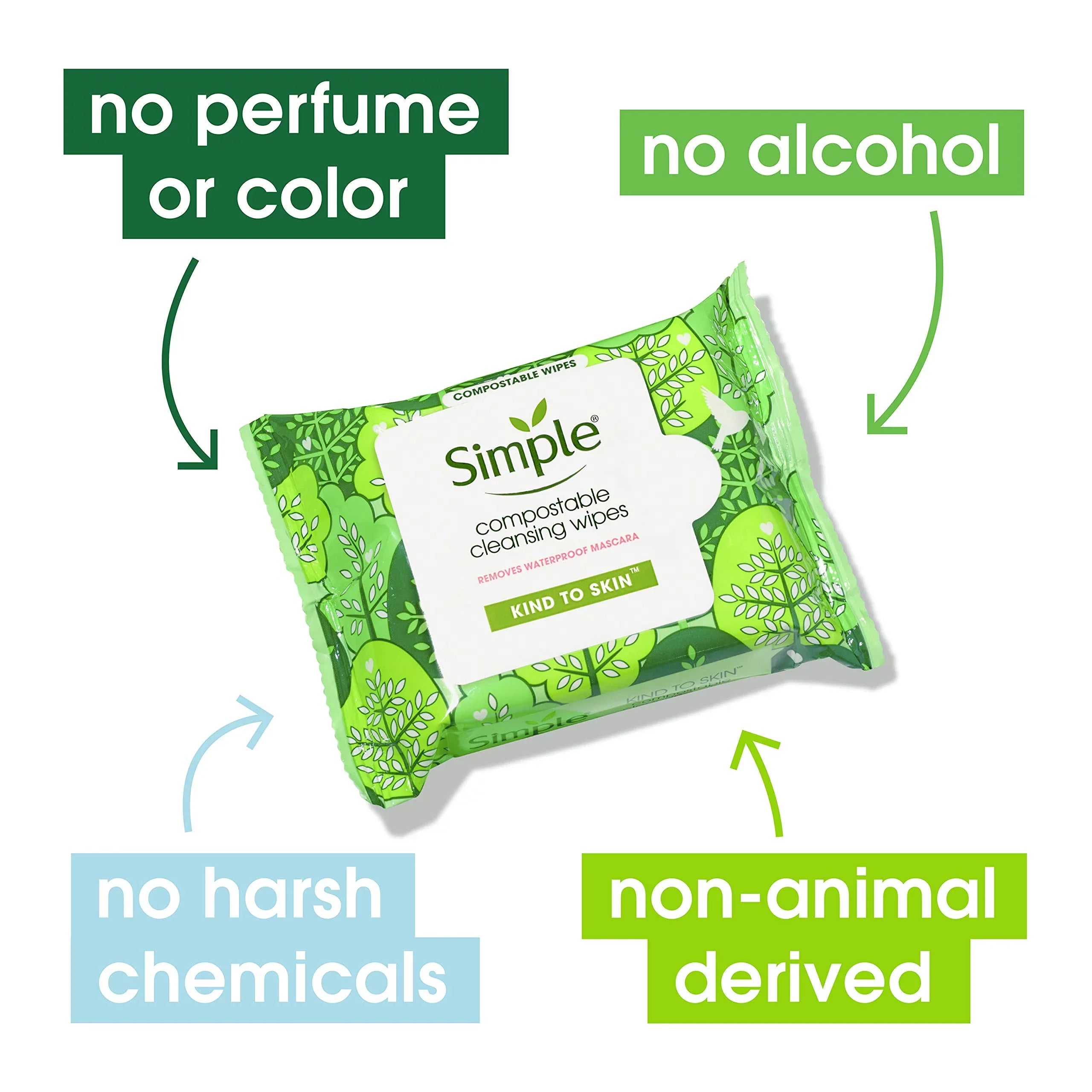 Simple Compostable Cleansing Wipes Facial Wipes For Removing Makeup Kind To Skin No Artificial Perfume Or Color, Paraben Free, Phthalate Free 25 Wipes