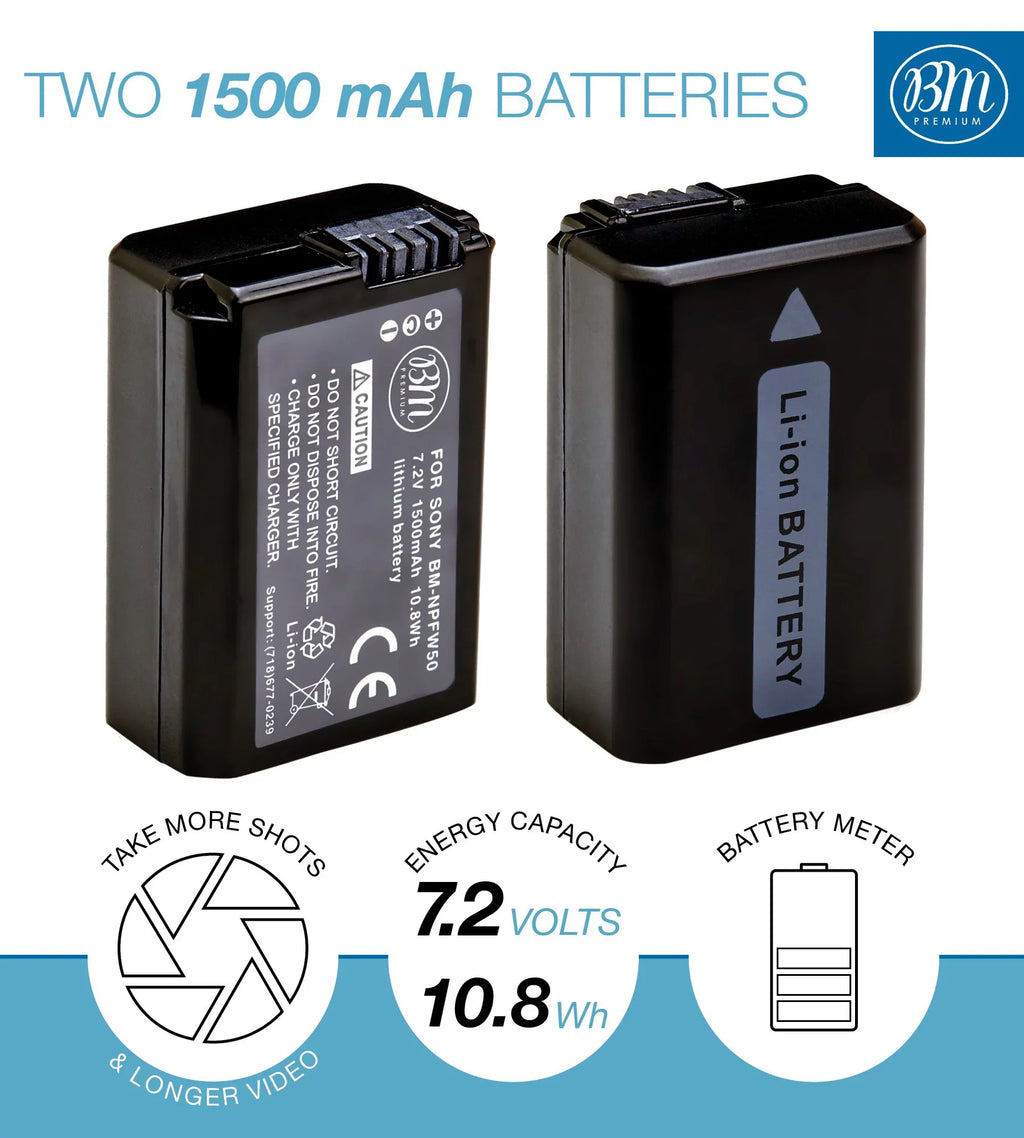 BM 2 NP-FW50 Batteries and Dual Charger for DSC-RX10 II, III, IV Alpha 7 a7 A7 II a7R A7s II a3000 a5000 a6000 A6100 a6300 a6400 a6500 Cameras