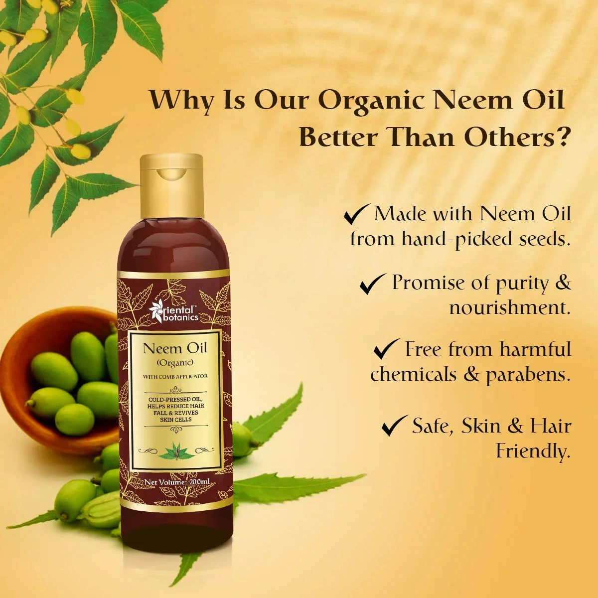 Oriental Botanics Organic Neem Oil 200ml for Hair and Skin Care - With Comb Applicator - Pure Oil with No Mineral Oil, Silicones