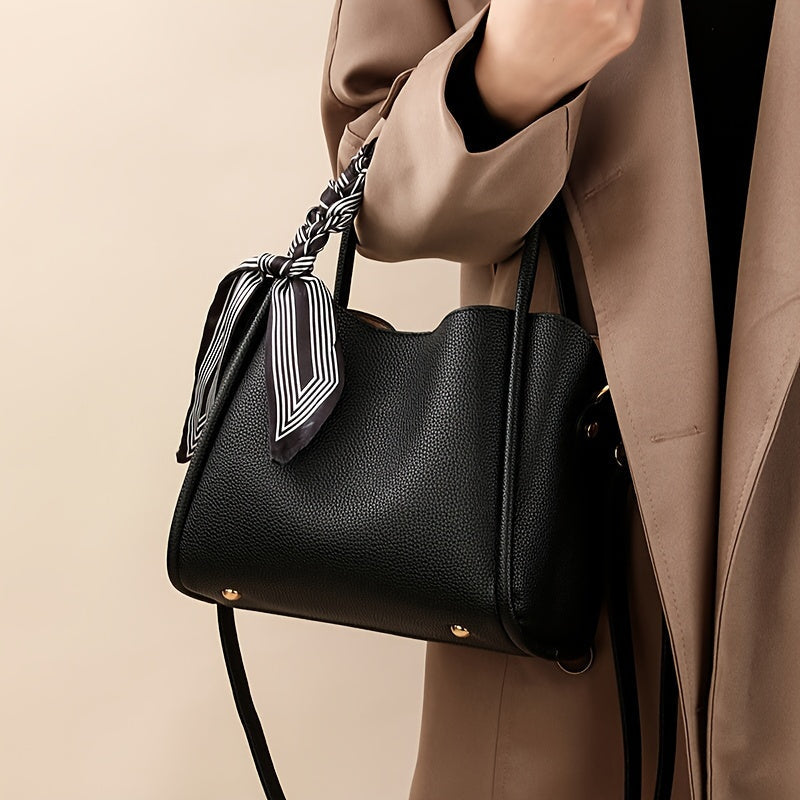 moocr Handbag With Scarf Accent PU Leather Elegant Shoulder Bag With Dual Handles For Daily Use Luxury Solid Color Crossbody Purse