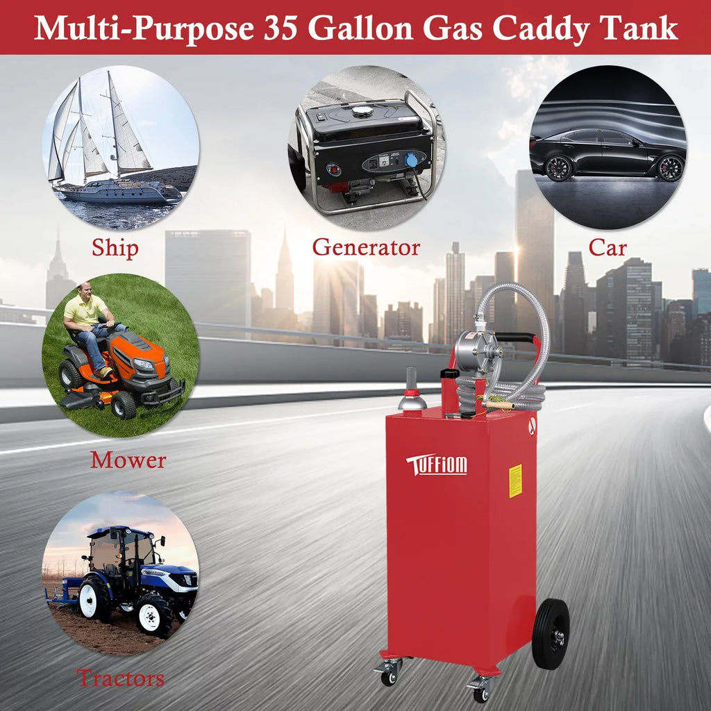 TUFFIOM 35 Gallon Gas Caddy With Wheels, Fuel Transfer Tank Gasoline Diesel Can Reversible Rotary Hand Siphon Pump, Fuel Storage Tank for Automobiles ATV Car Mowers Tractors, Red