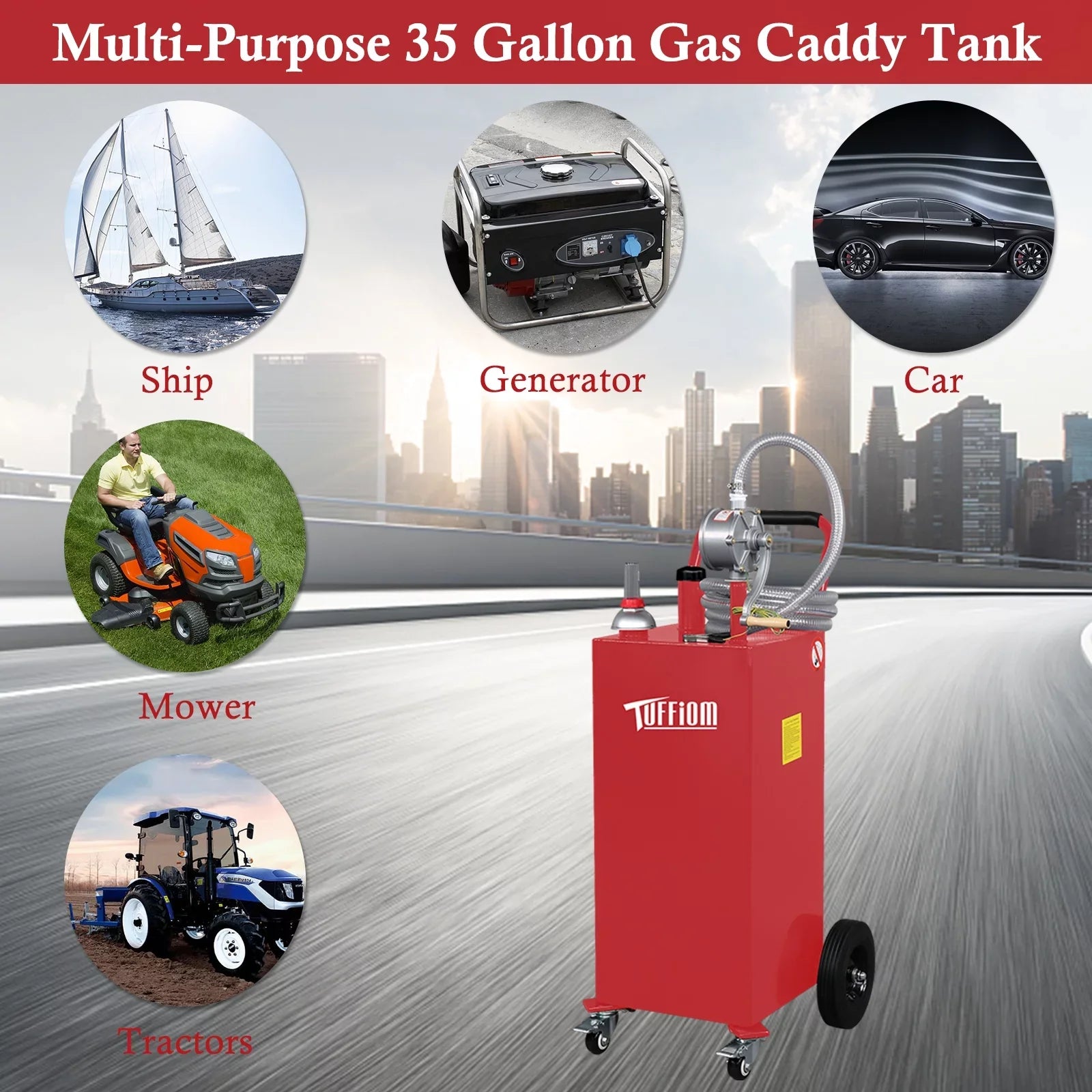 TUFFIOM 35 Gallon Gas Caddy With Wheels, Fuel Transfer Tank Gasoline Diesel Can Reversible Rotary Hand Siphon Pump, Fuel Storage Tank for Automobiles ATV Car Mowers Tractors, Red