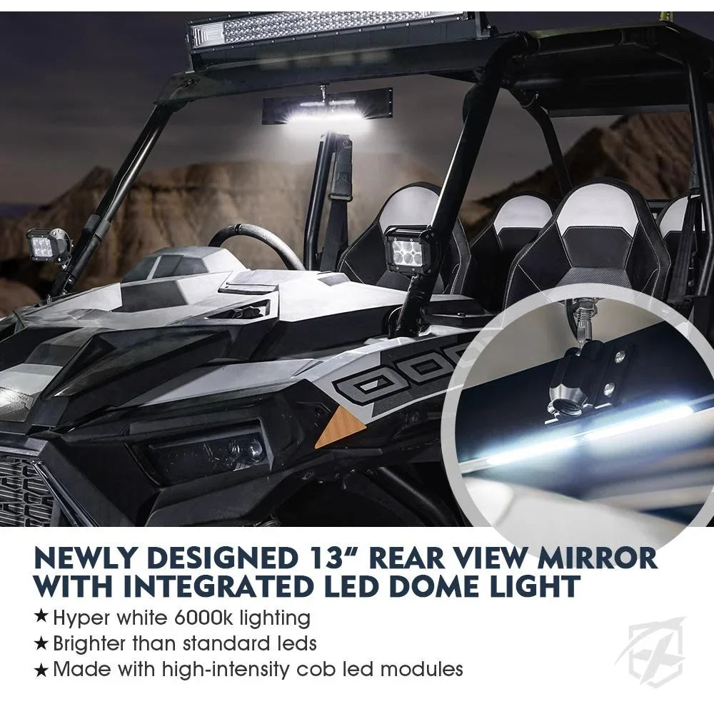 Xprite 13" Curved UTV Rear View Mirror w/ Integrated LED Lights & Switch for 1.75"-2" Rollbars