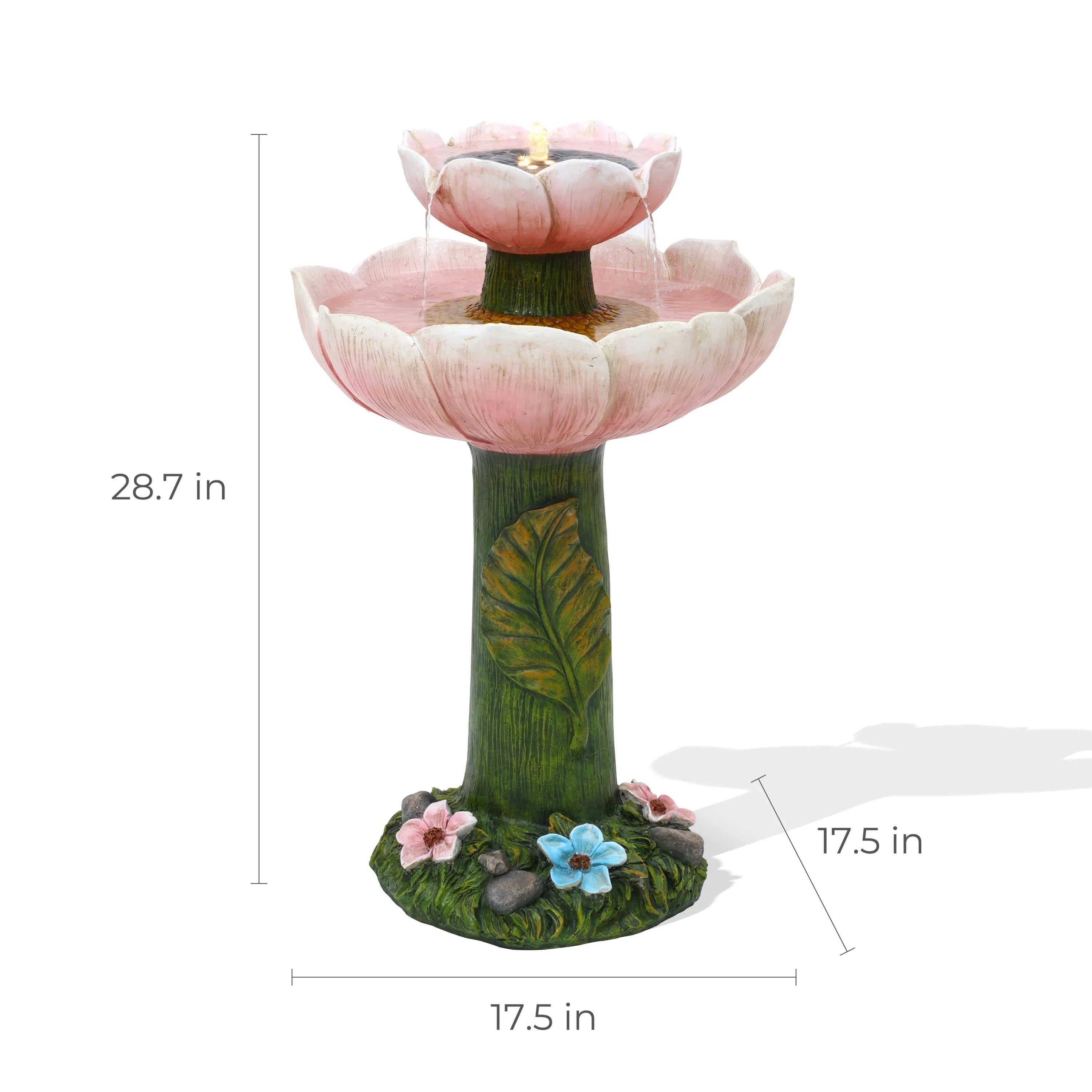 LuxenHome Solar Powered Pink Flower 2-Tier Resin Birdbath Fountain with Lights