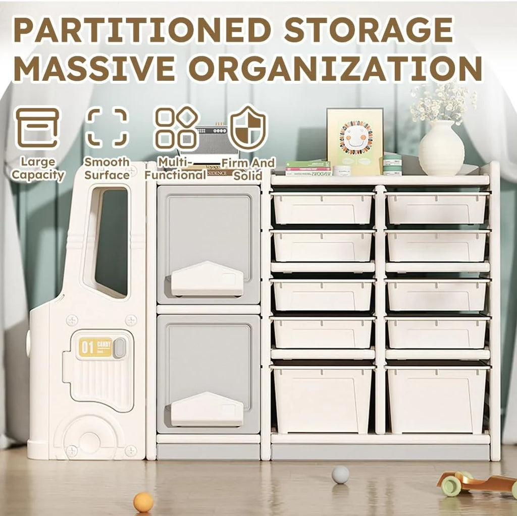 RUNFAYBIU Toy Organizer Multi-Functional Bookshelf and Toy Box Closed Cabinet and Pull-Out Drawer for Playroom Children's Bedroom and Nursery. (10 Organizer Boxes + 2 Organizer Cab