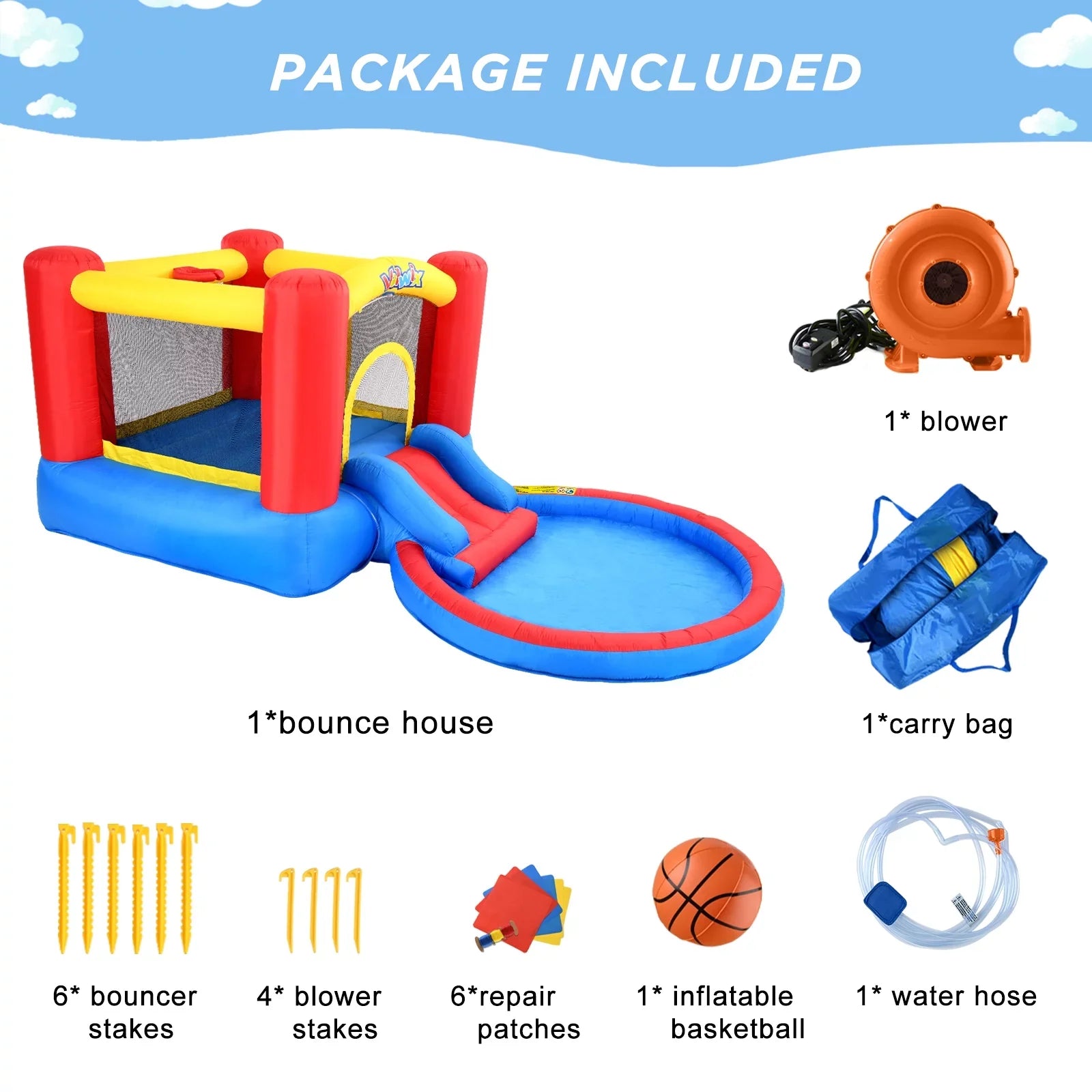 Valwix Inflatable Bounce House with Blower for Kids 3-5 years , Bouncy Castle Liquid & Pool for Wet Dry Combo, Bouncer with Repair Kits, Fun Bounce Area with Basketball Hoop