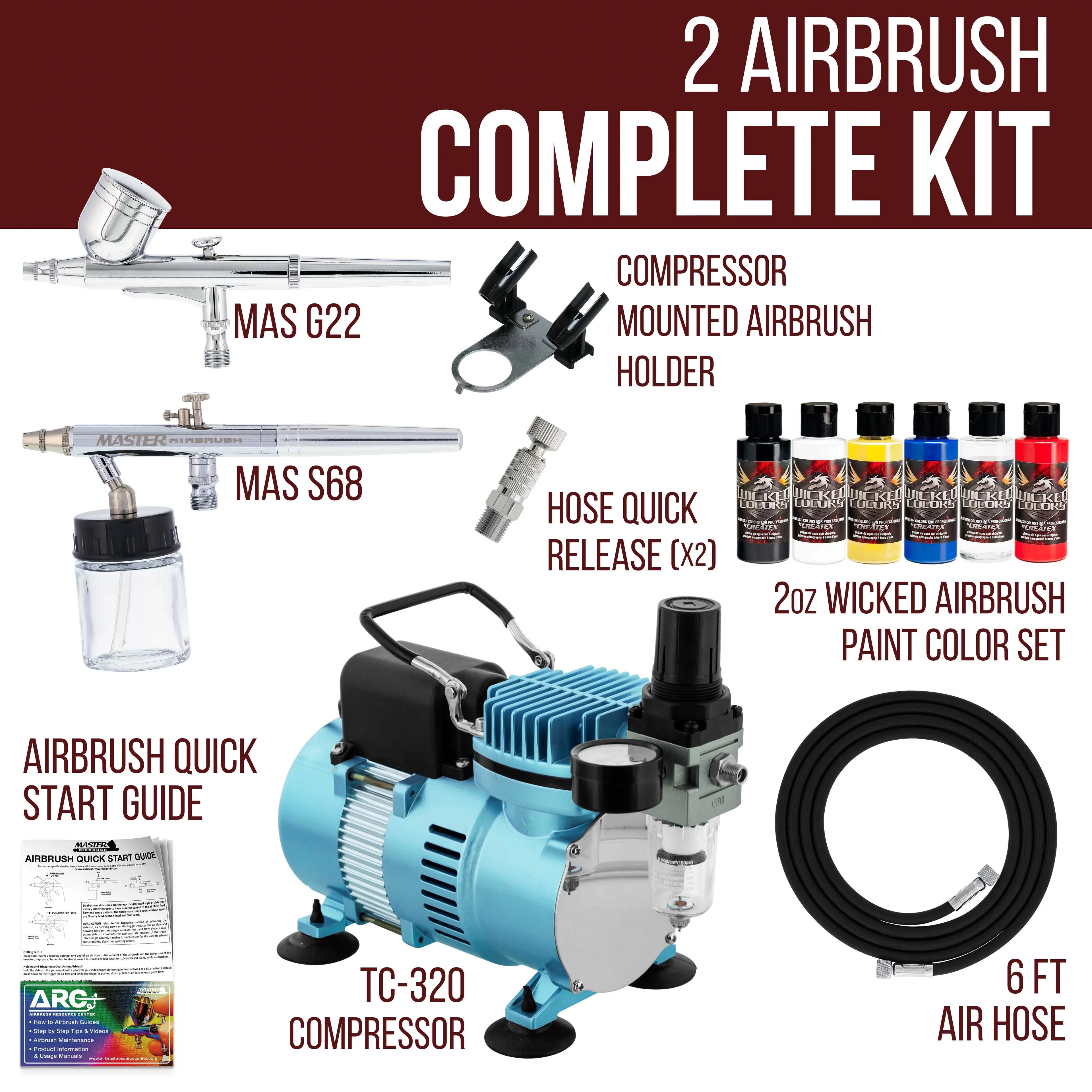 Professional Master G22, S68, E91 Airbrush Kit with Master Compressor TC-20, Air Hose & 6 Wicked Createx Colors