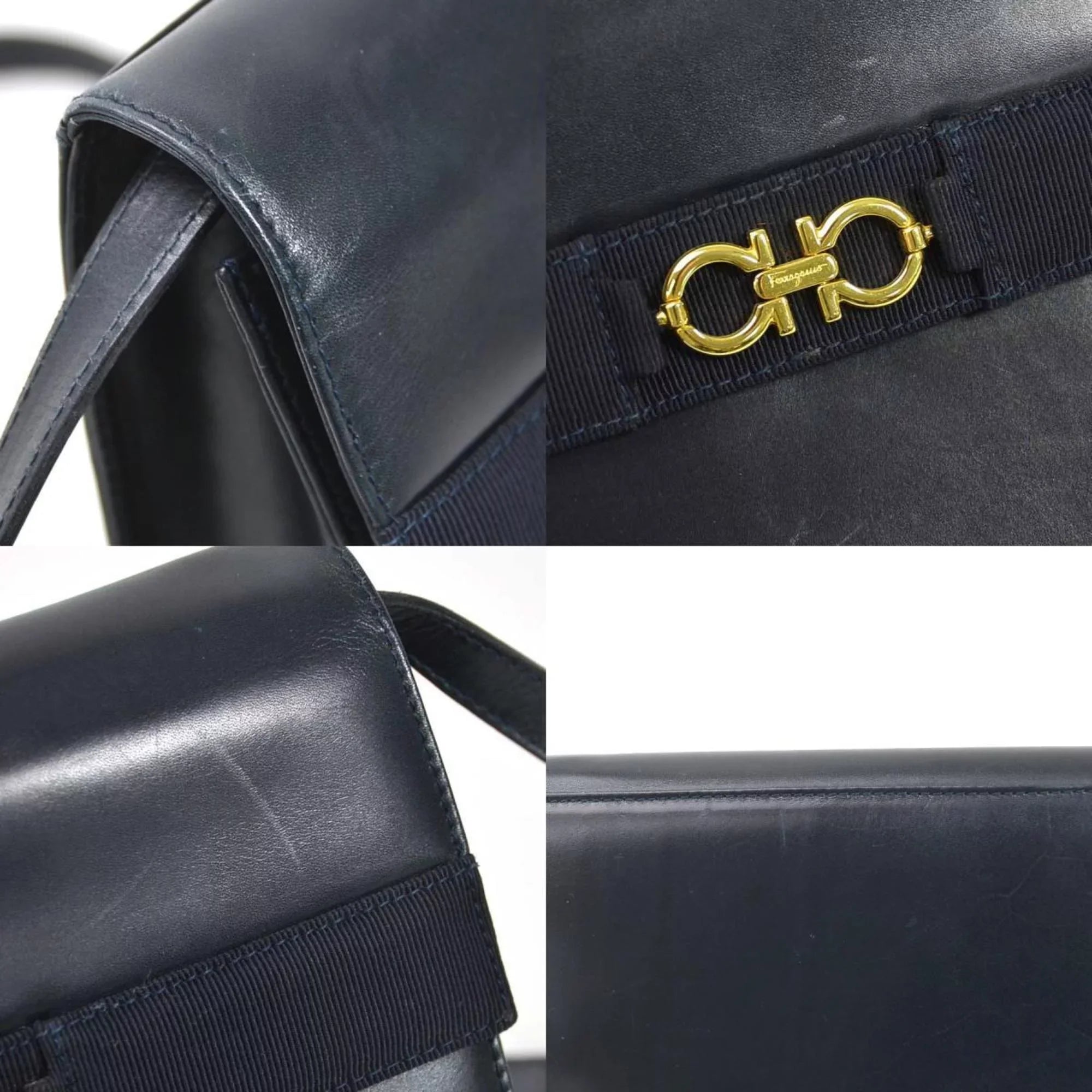Pre-Owned Salvatore Ferragamo Shoulder Bag Gancini Leather Navy Gold Ladies (Good)