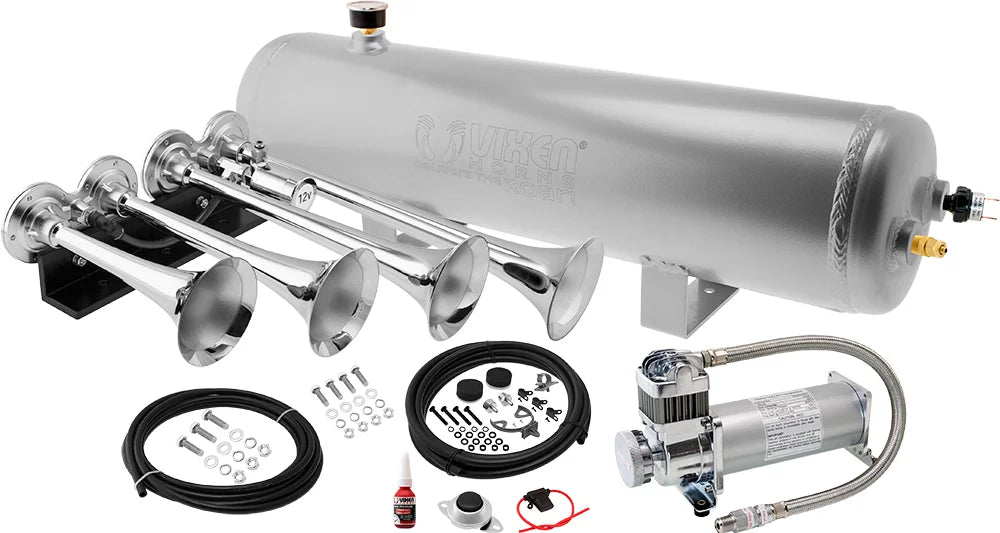 Vixen Horns Train Horn Kit for Trucks/Car/Semi. Complete Onboard System- 200psi Air Compressor, 3 Gallon Aluminum Tank, 4 Trumpets. Super Loud dB. Fits Vehicles like Pickup/Jeep/SUV VXO8330APRO/4124XC