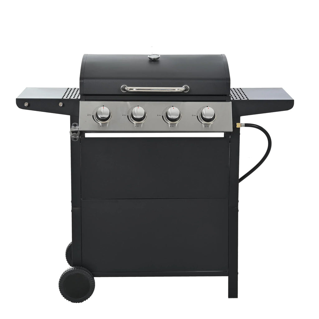 Stainless Steel BBQ Gas Grill 4-Burners Side Burner Thermometer Two Shelves Grilling Space Patio Garden Barbecue - Black