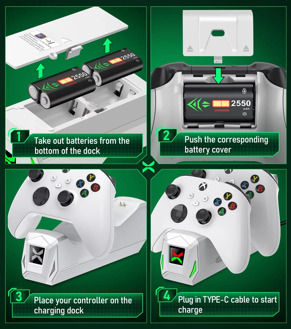 Xbox Controller Charger,Xbox Charging Station Dock with 2x2550mAh Rechargeable Battery Packs for Xbox One/Series X|S Controller Accessories-White