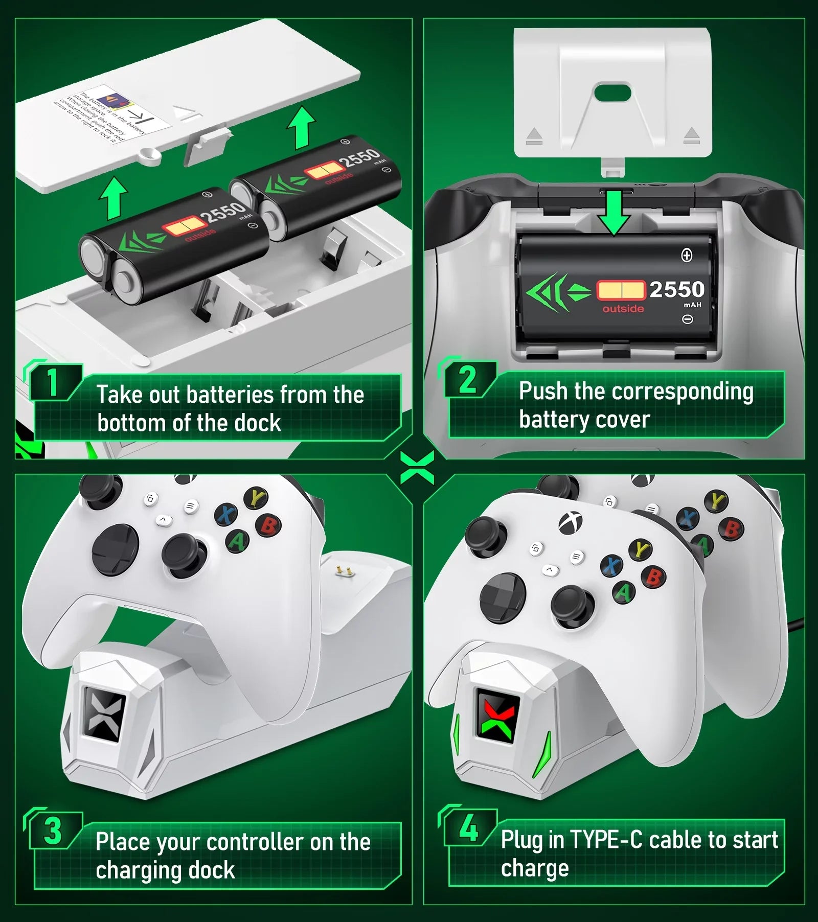 Xbox Controller Charger,Xbox Charging Station Dock with 2x2550mAh Rechargeable Battery Packs for Xbox One/Series X|S Controller Accessories-White