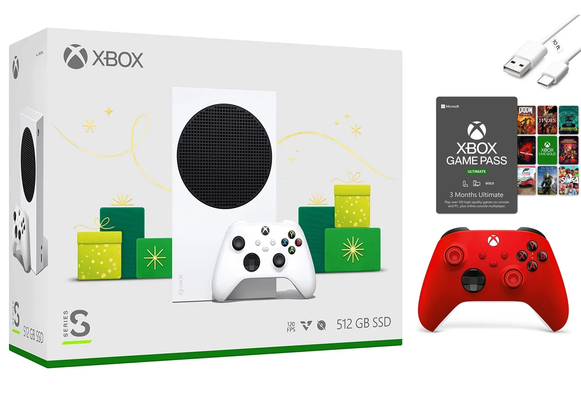 Xbox Series S – Holiday Console, Xbox 3 Month Game Pass Ultimate, Extra Red Wireless Contoller with Mazepoly Accessories