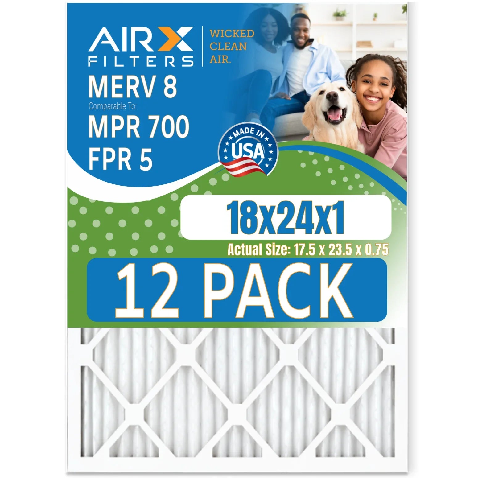 18x24x1 Air Filter MERV 8 Rating, 12 Pack of Furnace Filters Comparable to MPR 700 & FPR 5 - Made in USA by AIRX FILTERS WICKED CLEAN AIR.