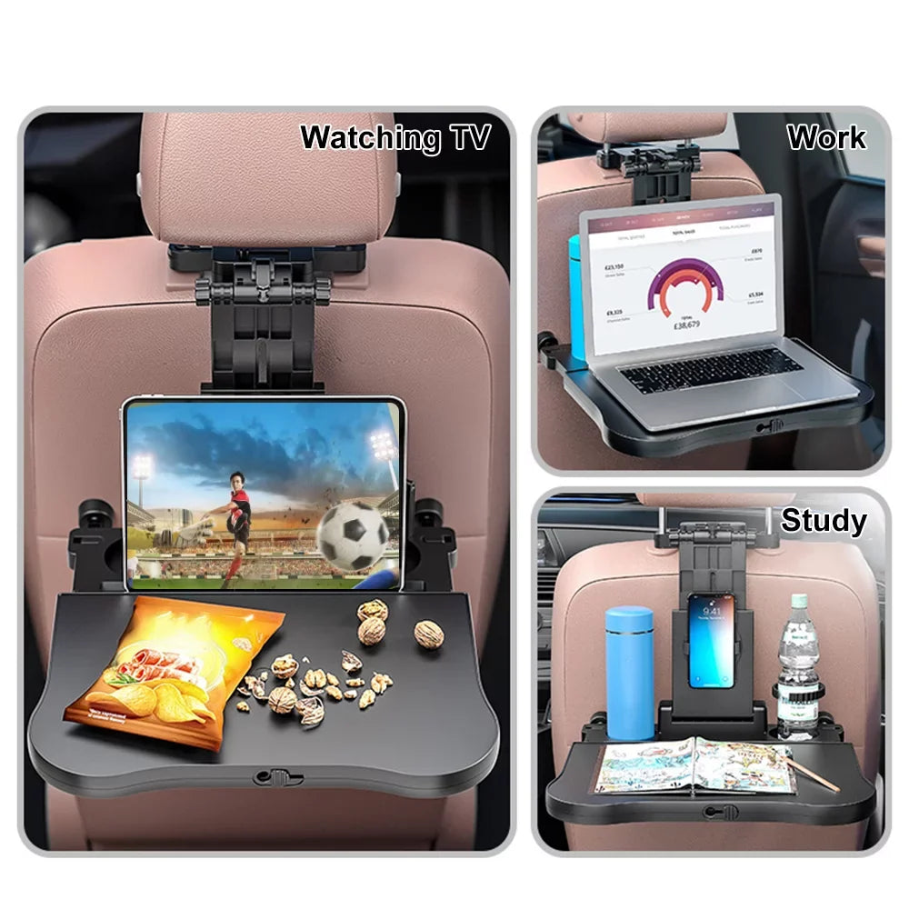 Htovila Adjustable Car Seat Travel Table Multifunctional Foldable Car Back Seat Food Tray, Car Table with Phone Holder for Working, Writing, Eating Black