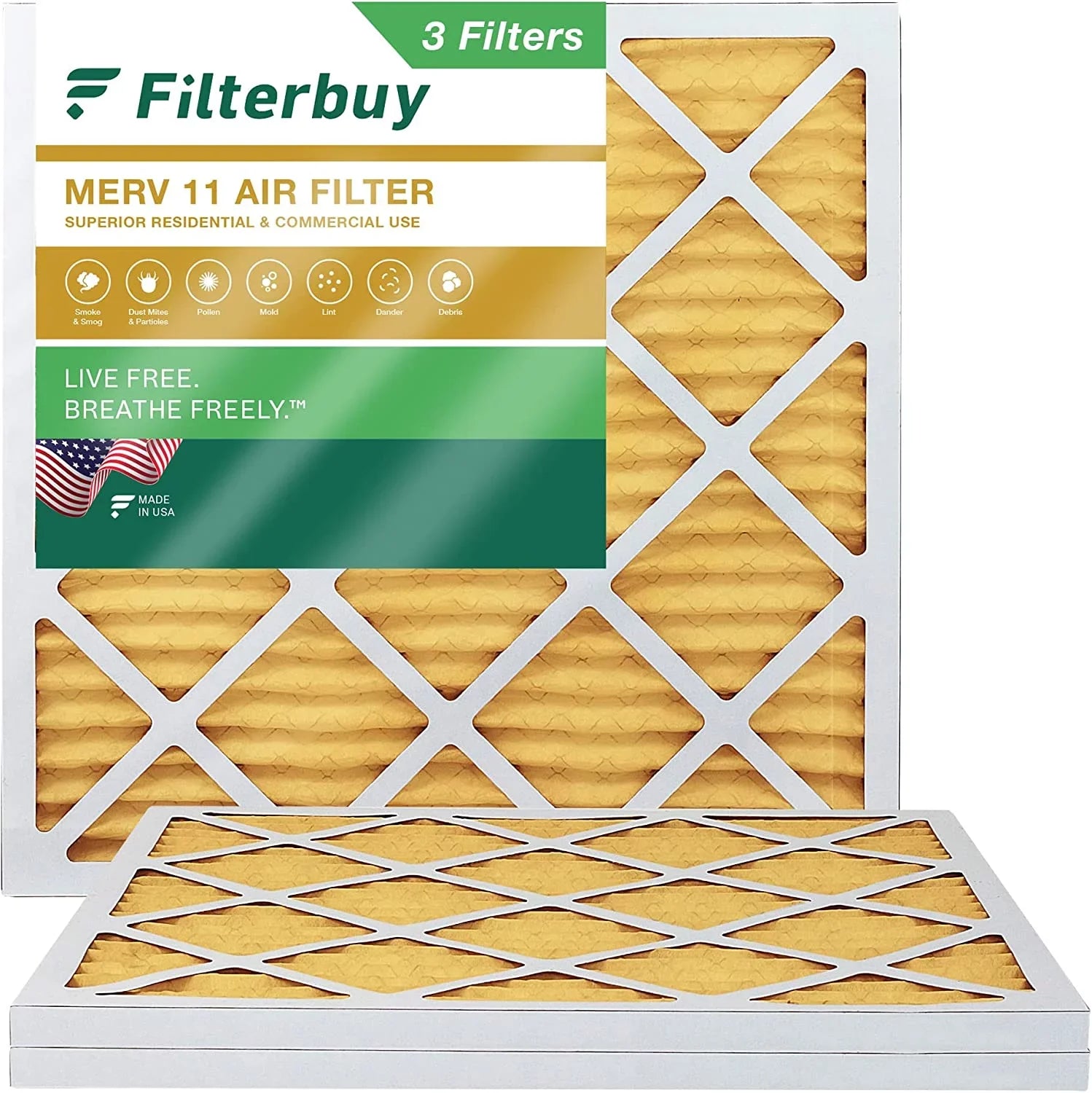 Filterbuy 20x20x1 MERV 11 Pleated HVAC AC Furnace Air Filters (3-Pack)