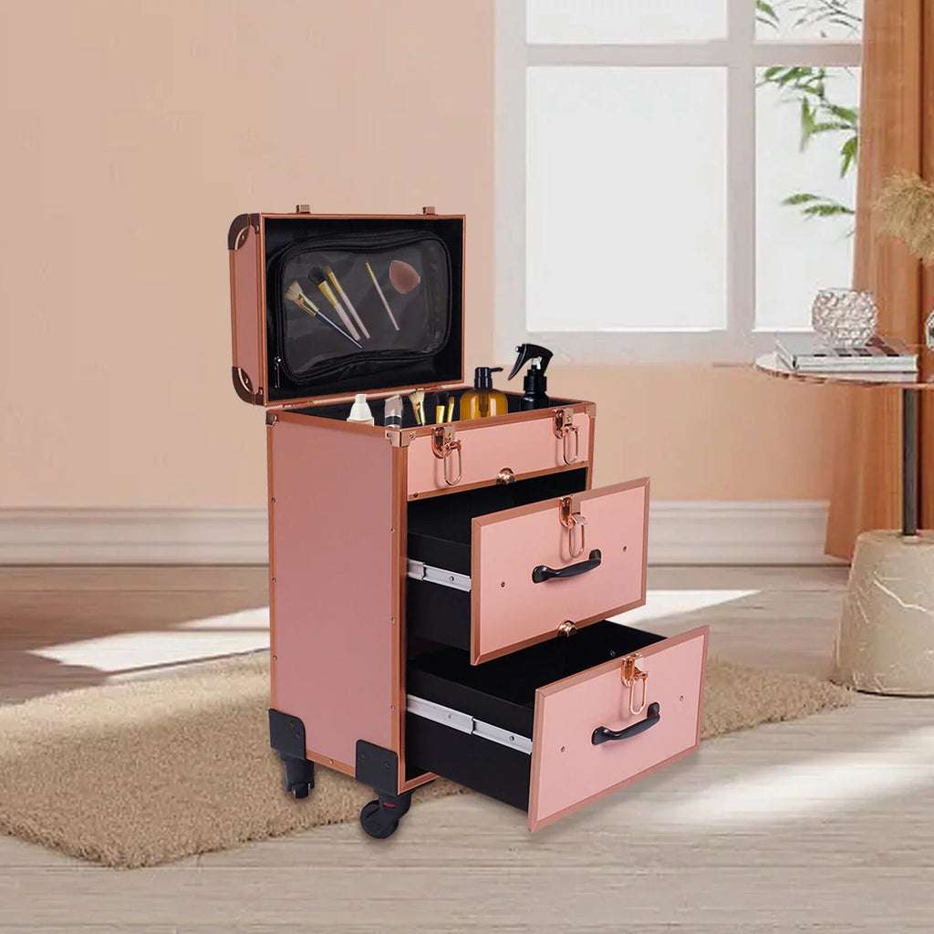 Rolling Makeup Case Aluminum Salon Cosmetic Train Trolley 4 Wheeled Organizer