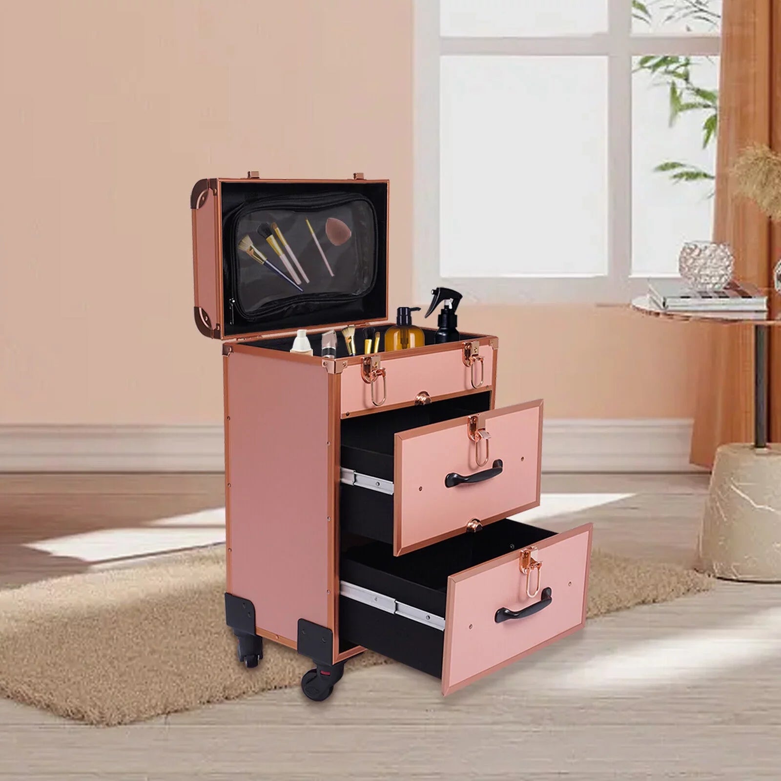 Rolling Makeup Case Aluminum Salon Cosmetic Train Trolley 4 Wheeled Organizer