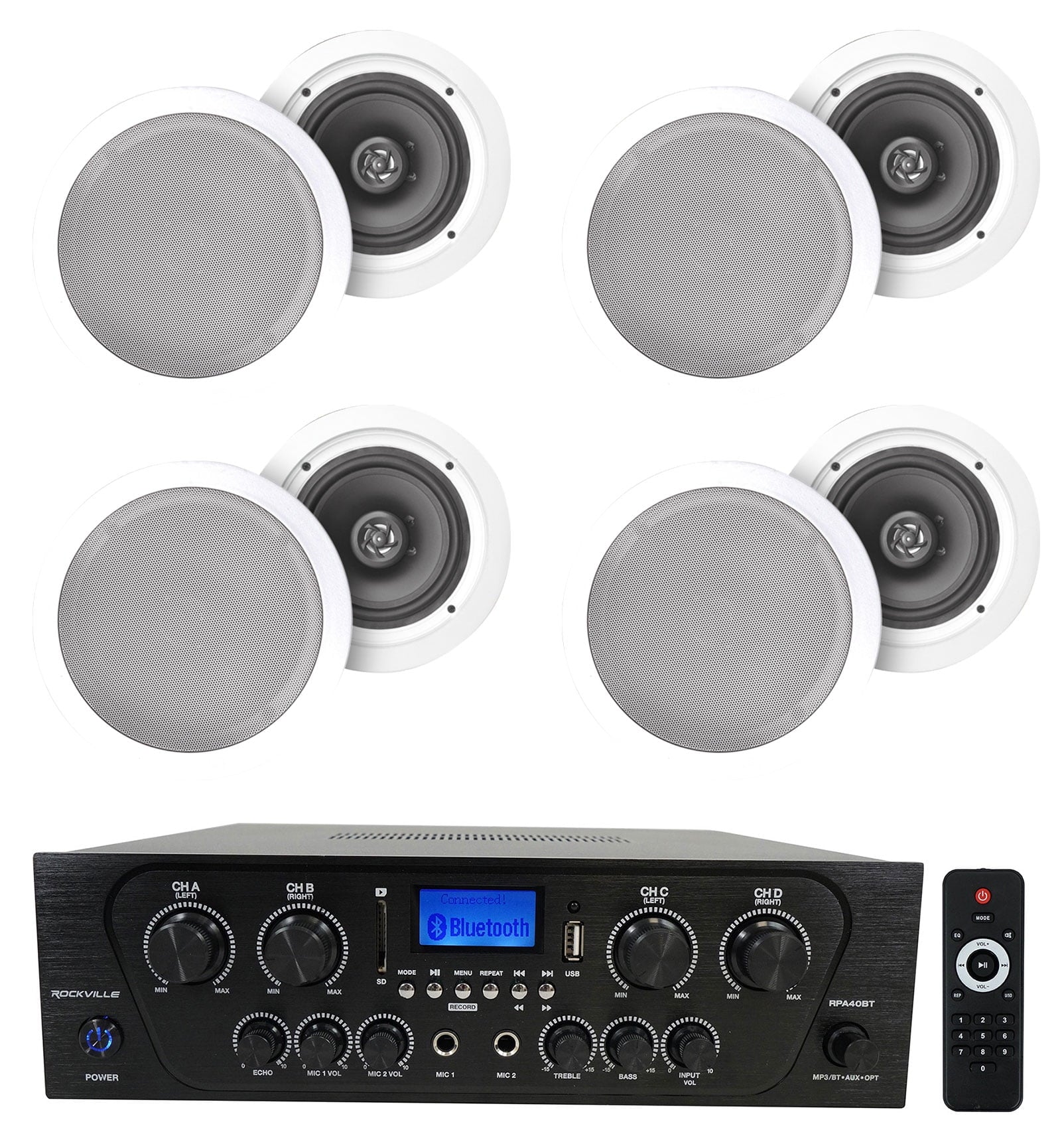 Rockville RPA40BT 4-Room Home Audio Kit Receiver+(8) 8" White Ceiling Speakers
