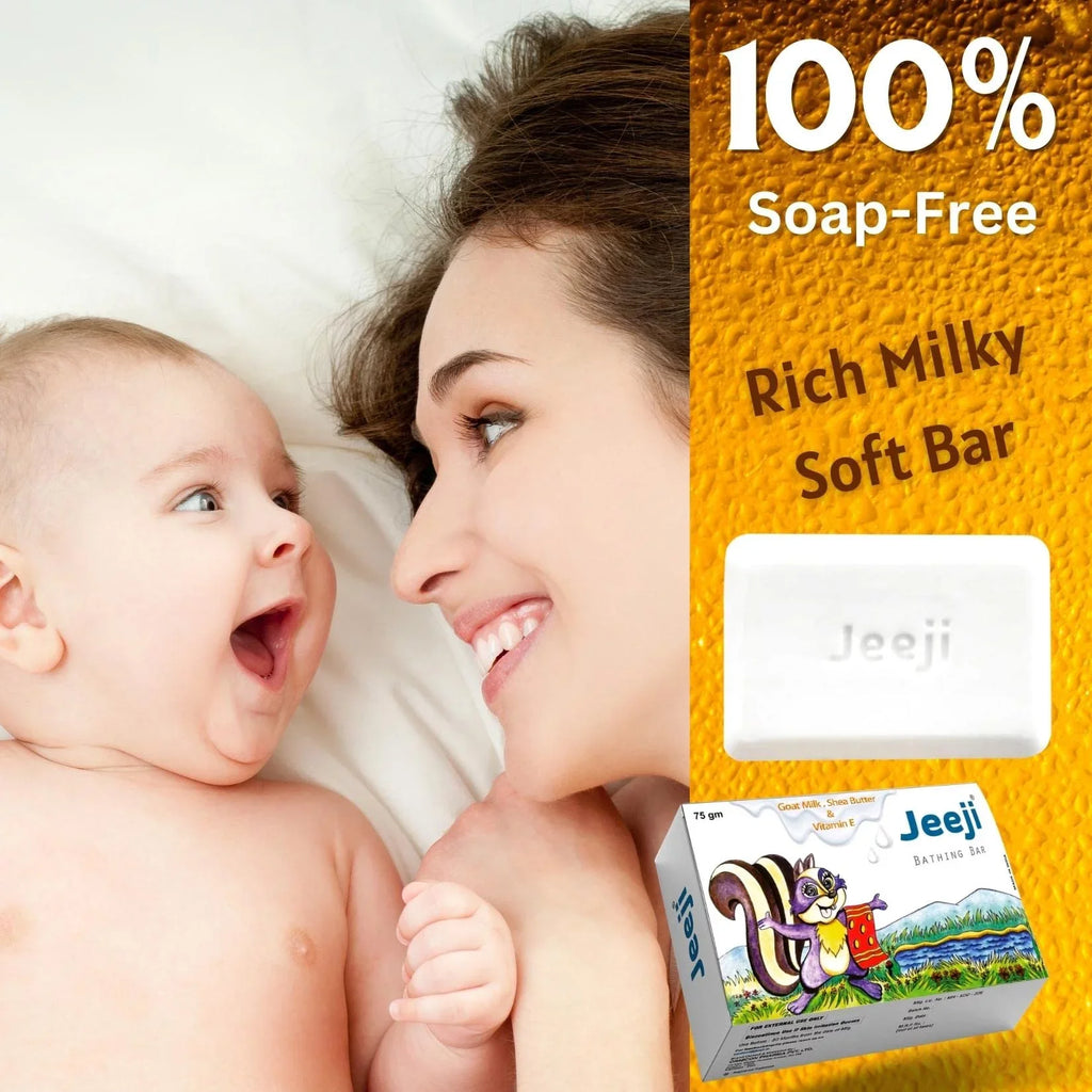 Jeeji | Baby Bathing Bar | Purely without Soap | Mild, Pleasant & Moisturizing | Goat Milk, Shea Butter, Oat Meal, Olive Oil and More | Natural Soft | For Daily Gentle Us