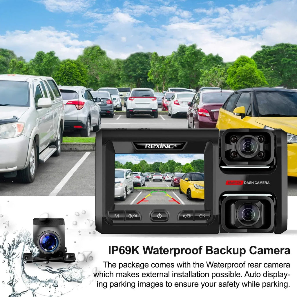 Open Box Rexing W303 3-Channel Front, Cabin, Rear Back up Dash Camera