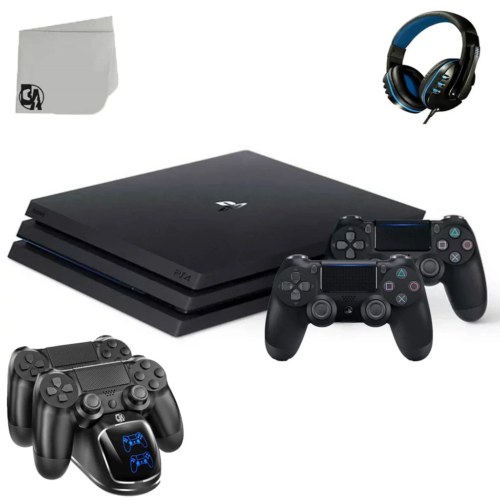 PlayStation 4 Pro 1TB Gaming Console Black with Charging Dock Headset 2 Controller Bolt Axtion Like New