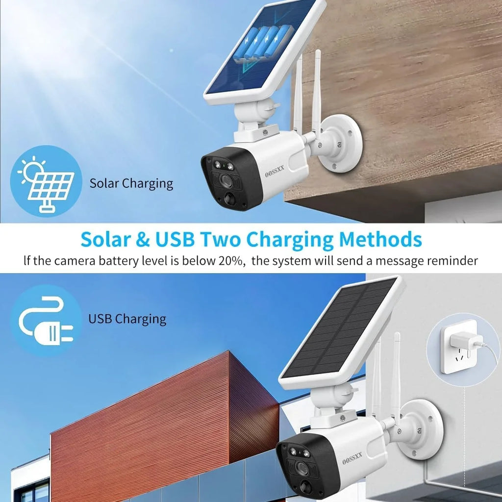 {100% Wireless Solar Security Camera System}, 6pcs 2K 3.0MP solar cameras with 8-channel NVR, Wire-free Home Surveillance system, 2TB Hard Drive pre-installed by OOSSXX