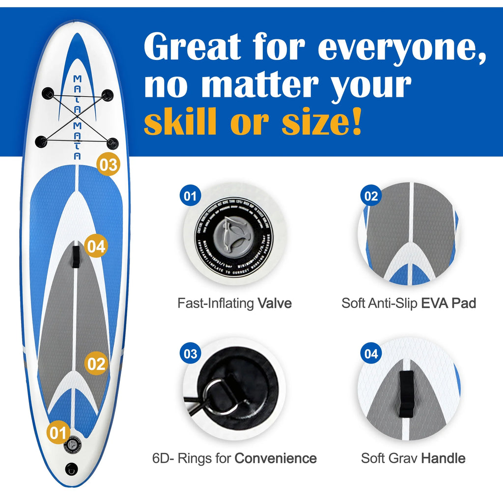 MATA MATA Blue Stream 10' Stand Up Paddle Board with Premium SUP Accessories & Backpack, Non-Slip Deck, Liquid Bag, Leash Paddle, and Hand Pump
