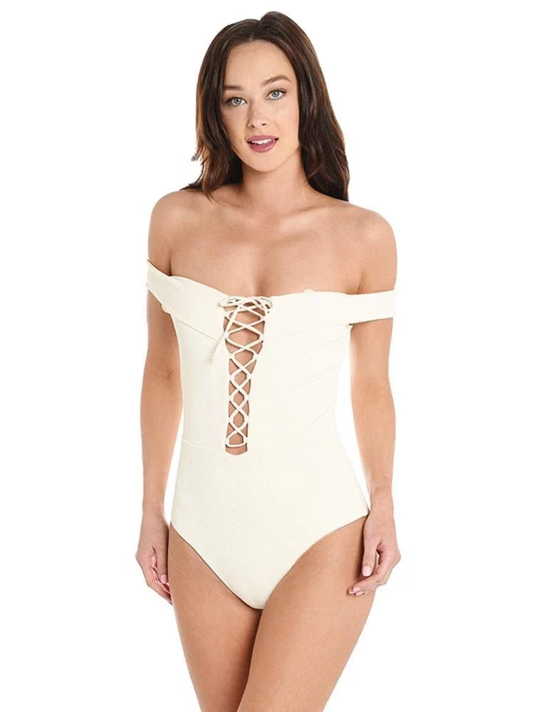 L*Space CREAM Ridin' High Anja Lace-Up Bandeau One Piece Swimsuit, US 12
