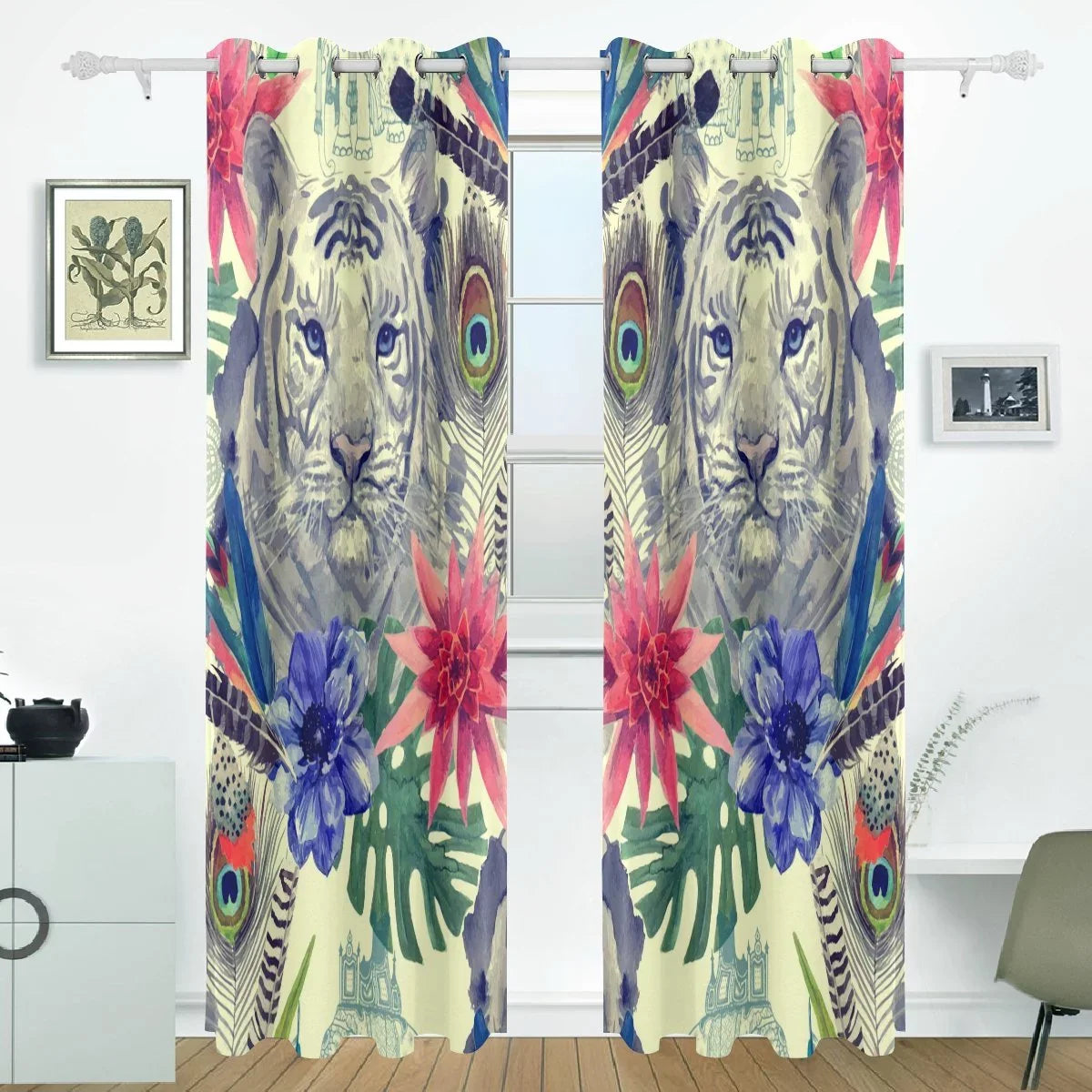POPCreation Vintage Indian Style Tiger Head Pattern With Feather Window Curtain Blackout Curtains Darkening Thermal Blind Curtain for Bedroom Living Room,2 Panel (52Wx84L Inches)
