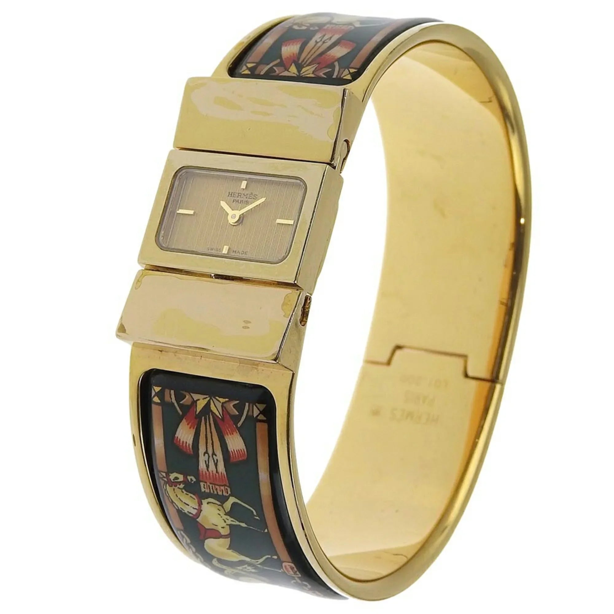 Pre-Owned HERMES Location Watch Cloisonné LO1.201 Gold Plated Swiss Made Green Quartz Analog Display Dial Ladies (Fair)