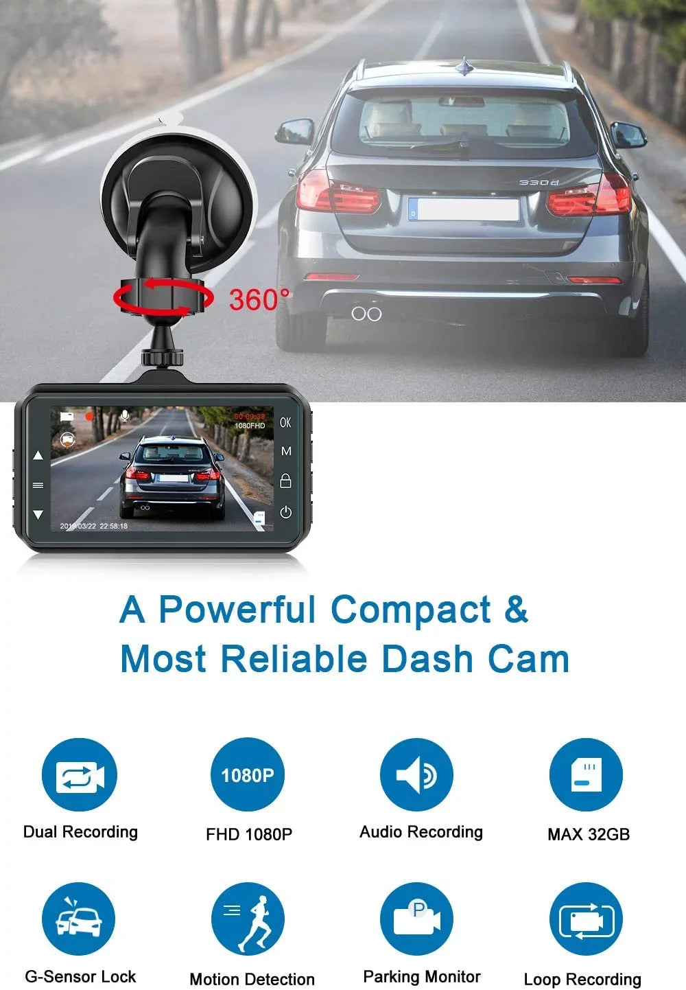 Dash Cam Front and Rear Dual Dash Cam 3 inch Dashboard Camera Full HD 170° Wide Angle Backup Camera with Night Vision WDR G-Sensor Parking Monitor Loop Recording Motion Detection