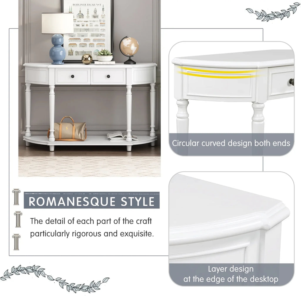 TREXM Retro Circular Curved Design Console Table with Open Style Shelf Solid Wooden Frame and Legs Two Top Drawers (White OLD SKU WF298768AAK)