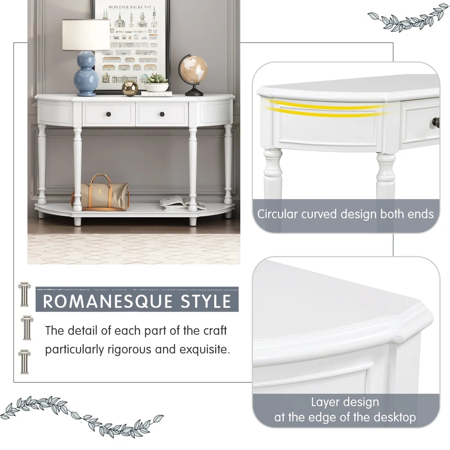TREXM Retro Circular Curved Design Console Table with Open Style Shelf Solid Wooden Frame and Legs Two Top Drawers (White OLD SKU WF298768AAK)