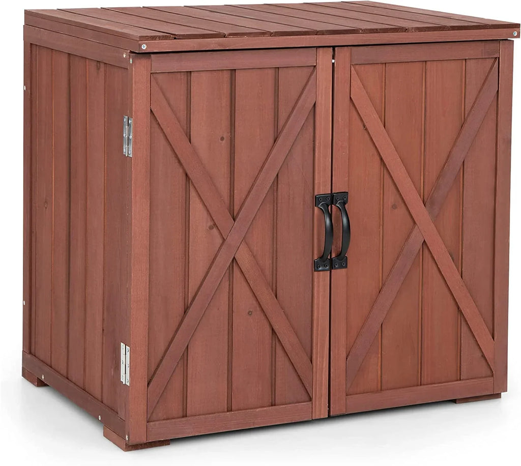 30" Outdoor Storage Box, Wooden Storage Deck Box W/Spacious Inner Space & Countertop, Tool Storage Cabinet for Backyard Garden Porch, Easy Assembly, 30" x 22" x 28.5" (Brown)