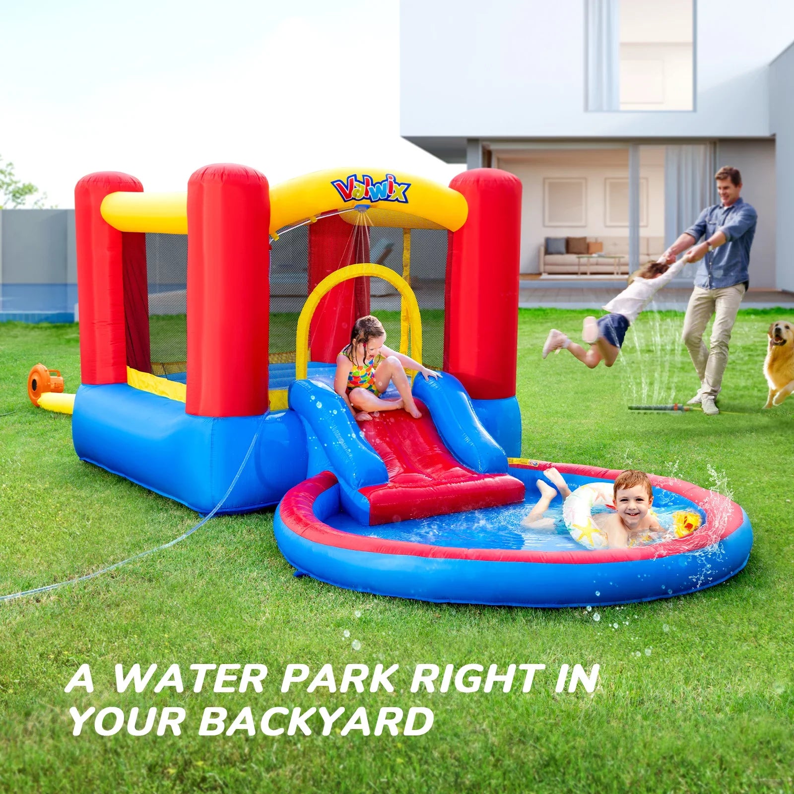 Valwix Inflatable Bounce House with Blower for Kids 3-5 years , Bouncy Castle Liquid & Pool for Wet Dry Combo, Bouncer with Repair Kits, Fun Bounce Area with Basketball Hoop