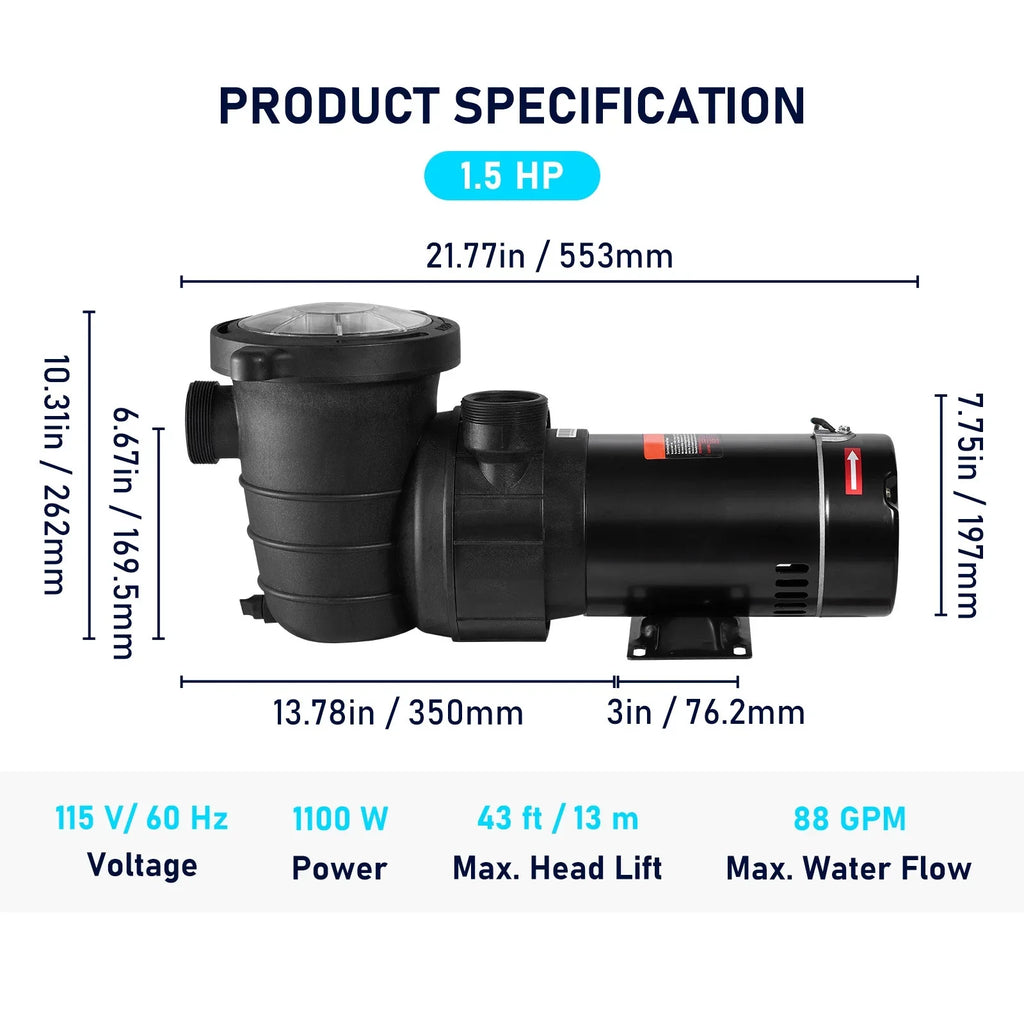 SKYSHALO Swimming Pool Pump, 1.5 115 V, 1100 W Single Speed Pump for In/ Above Ground Pool w/ Strainer Basket, 5280 GPH Max. Flow, Certification of ETL for Security