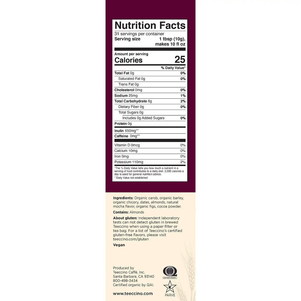 Teeccino Mocha Chicory Herbal Coffee Medium Roast Ground, 11 ounce (Pack of 6)