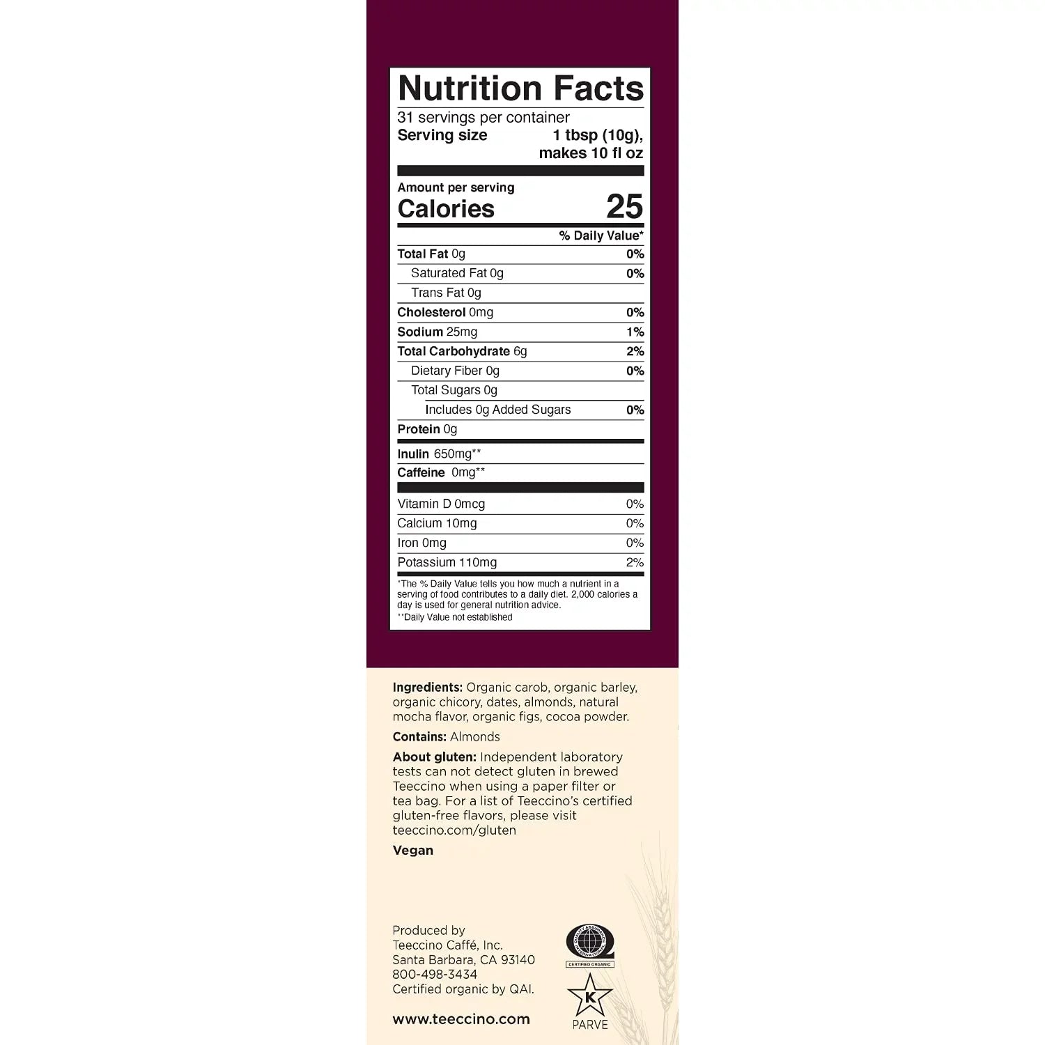 Teeccino Mocha Chicory Herbal Coffee Medium Roast Ground, 11 ounce (Pack of 6)
