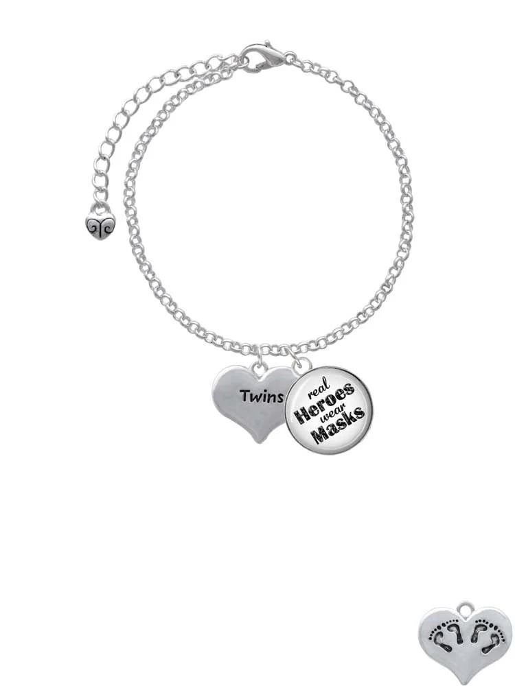 Delight Jewelry Twins Heart with Two Pair of Baby Feet Dome Real Heroes Wear Masks Charm Bracelet