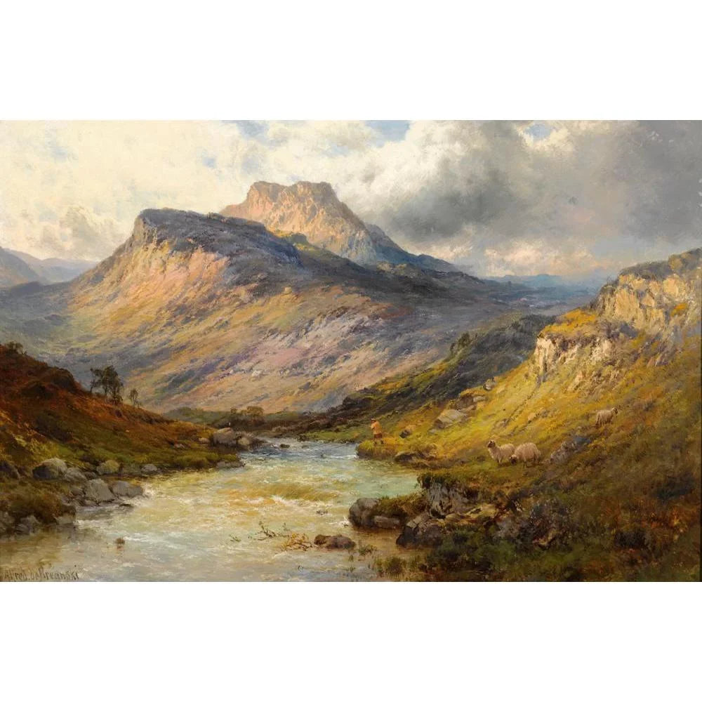 Alfred de Bréanski 18x13 Black Ornate Wood Framed Double Matted Museum Art Print Titled - Loch Lomond; a Trout Stream Near Stirling