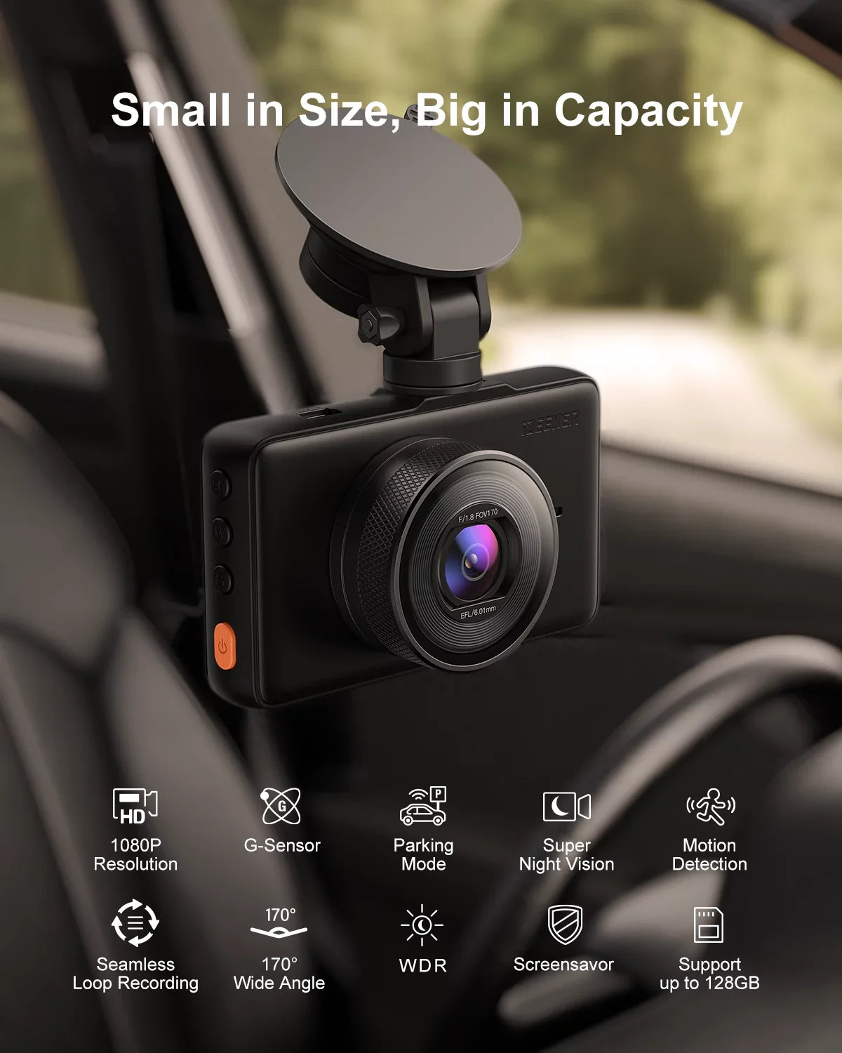 iZEEKER Dash Cam GD100 1080P Car Dash Camera, 3" LCD Monitor 170° Wide Angle, G-Sensor, Accident Record, Loop Recording,Black