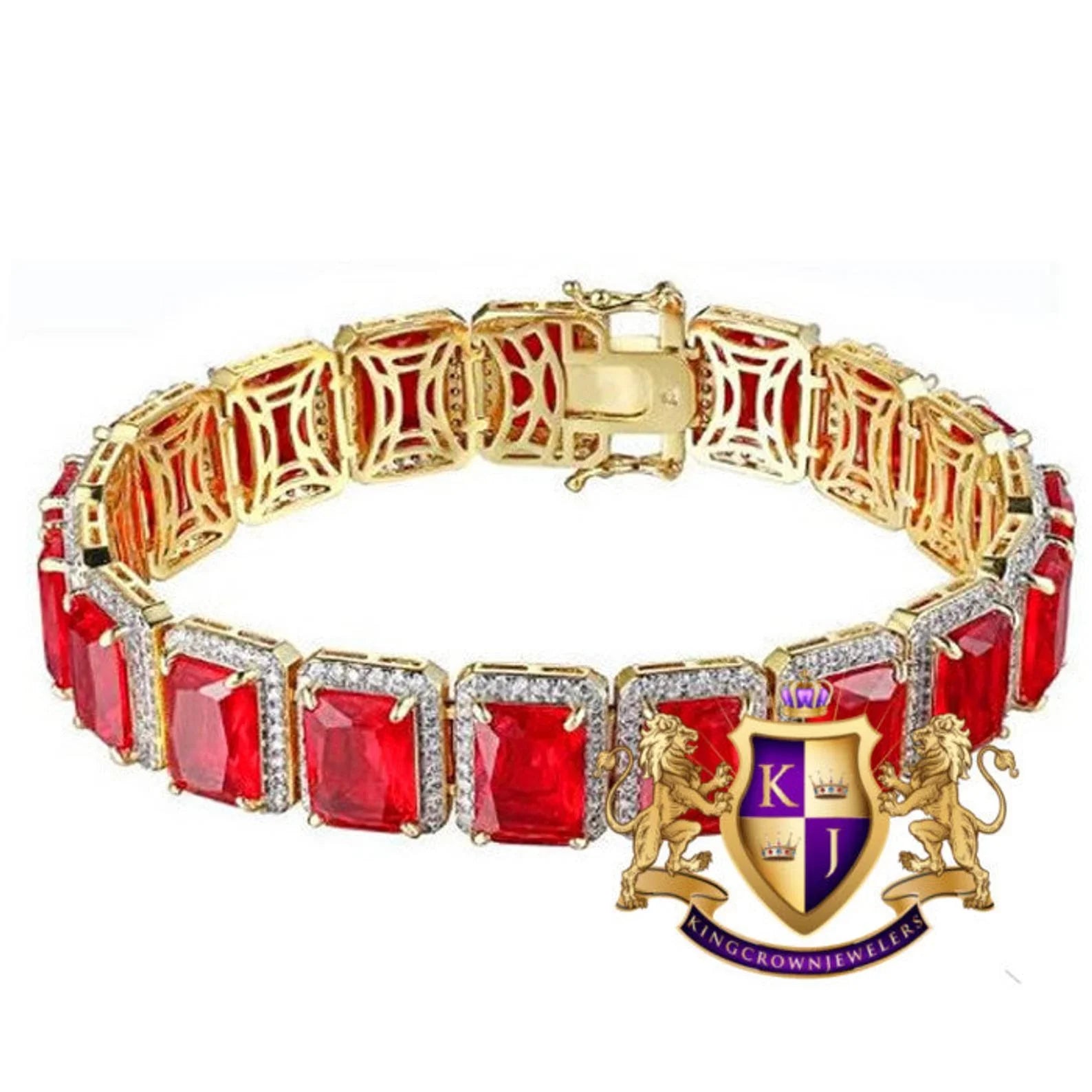 Ruby Red Solitaire Real Genuine Yellow Gold Sterling Silver Tennis Bracelet Unisex 7.5''