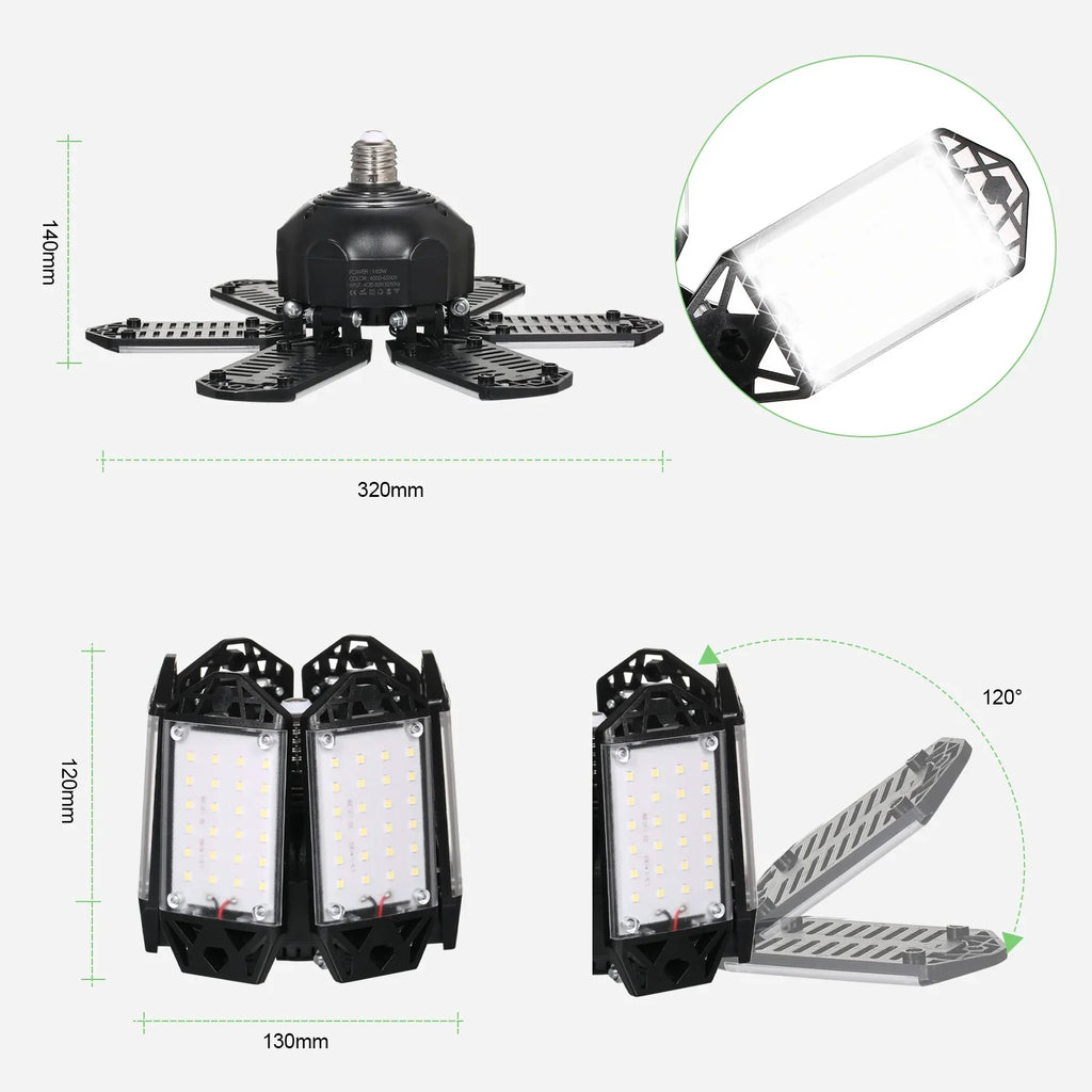 Neoglint 2PCS A C85-265V 160W 152LEDs Garage Light with 6 Adjustable Panels Deformable Folding Foldable Ceiling Lamp E26/E27 Base Socket Holder for Garage Warehouse Workshop Basement Gym Kit
