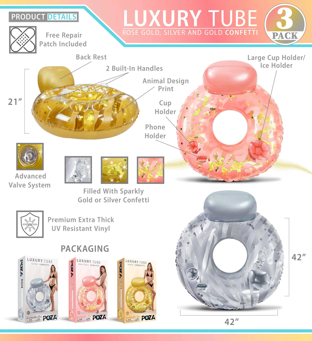 POZA Inflatable Luxury Tubes with Back Rest - Rose Gold, Gold, Silver Sparkle Confetti Filled Luxurious Lounger, Thick Pool Float Tubes, Built in Phone and Cup Holder with Handles, 42 Inch, Pack of 3