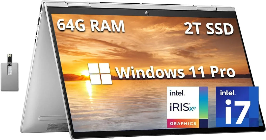 Envy x360 2-in-1 15.6" FHD Display Notebook Core i7-1260p, 64GB RAM, 2TB SSD, Backlit KB, HD Webcam, Iris Xe Graphics, Wi-Fi, Bluetooth, Win 11 Pro, Silver, 32GB USB Card