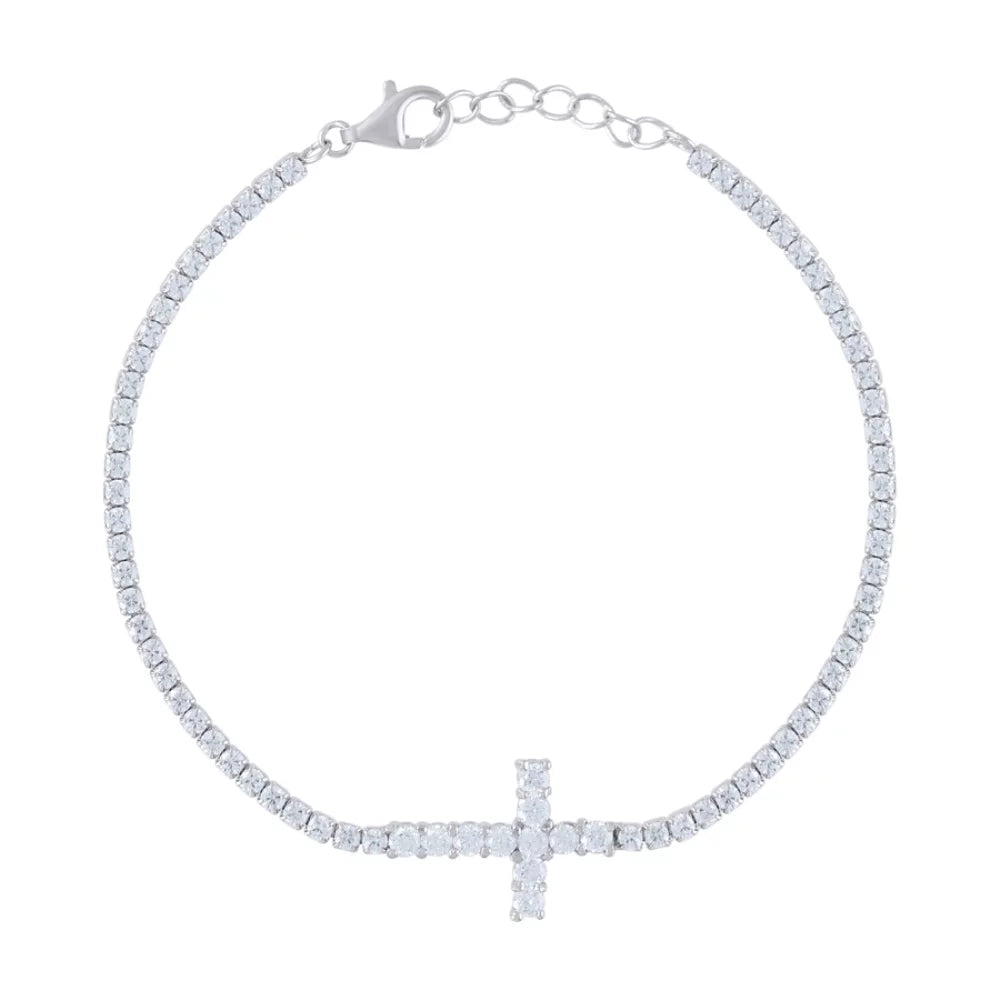 Auriga 925 Sterling Silver Cubic Zirconia Fancy Cross Bracelet for Women (Width- 13mm)